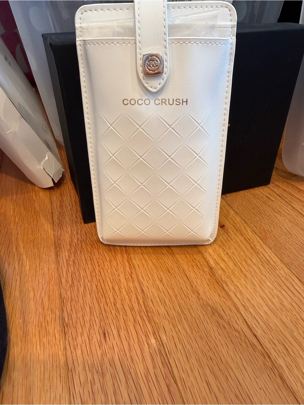 NEW White Leather crossbody GWP 
IPHONE PRO MAX will fit in this.